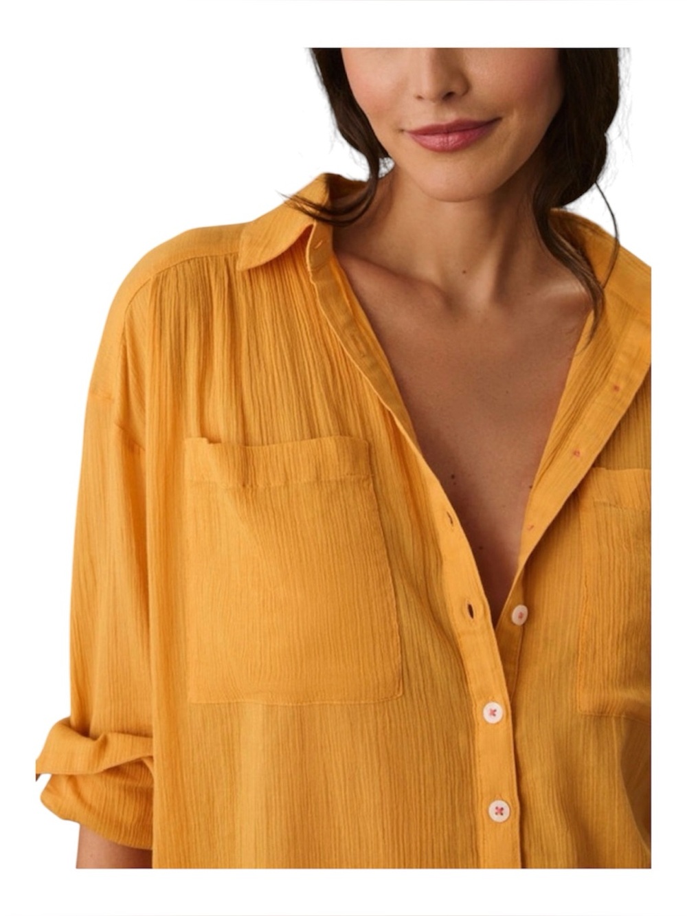 Anthropologie Gauze Duster Tunic Shirt  XL Button Front Mango Yellow High-Low - Picture 3 of 6